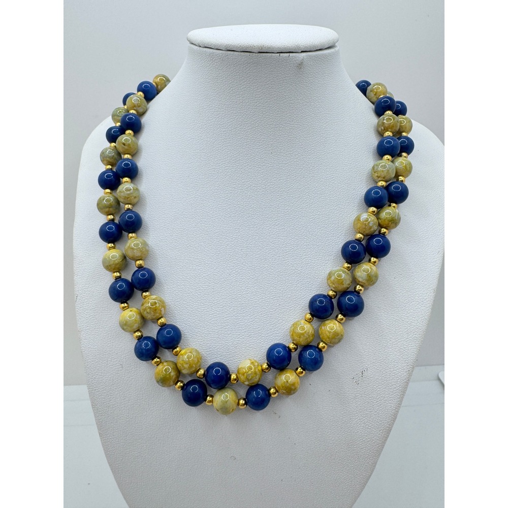Vintage Double Strand Blue and Marbled Yellow Beaded Necklace Silver Tone Clasp